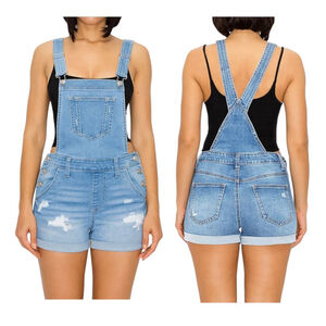 WAX JEAN - Women's Juniors Light Blue Distressed Denim Overall Shorts - NWT - M